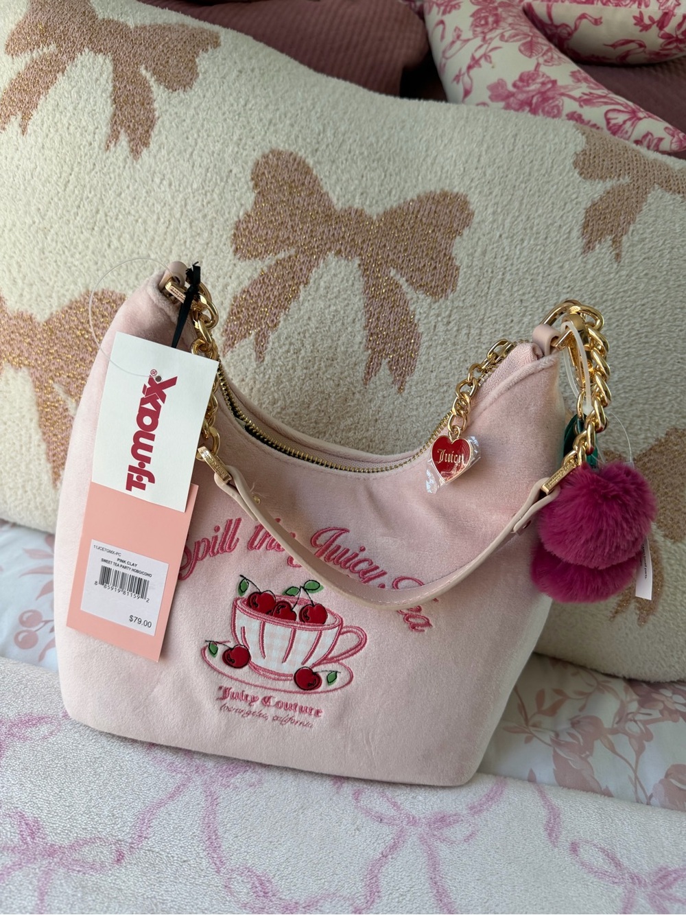 Juicy Couture Light Pink Embroidered Cherry Shoulder Bag with Pom Charm
